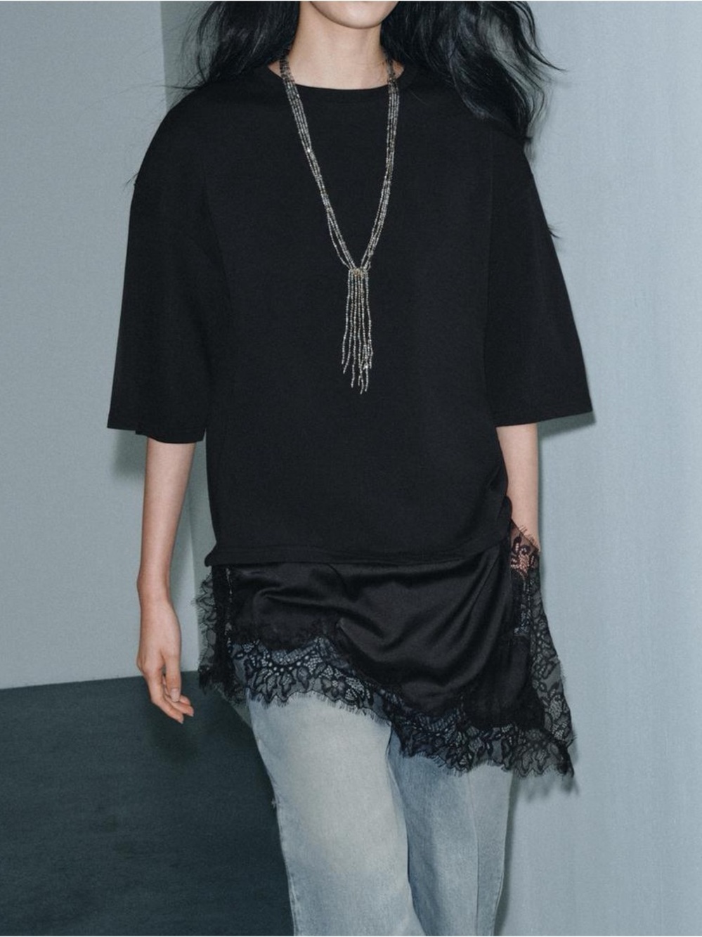 Zara cotton & lace top . Black size s! Nwt